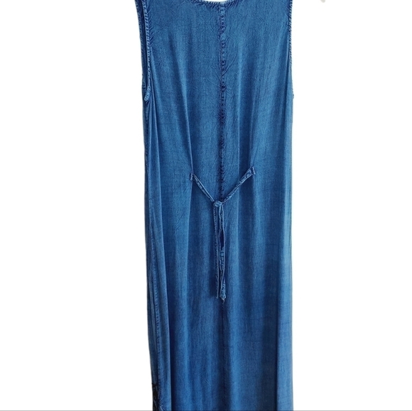 Chambray Denim Maxi Jumper Dress Womens Medium Embroidered Side Slits Tie Back - Picture 4 of 12